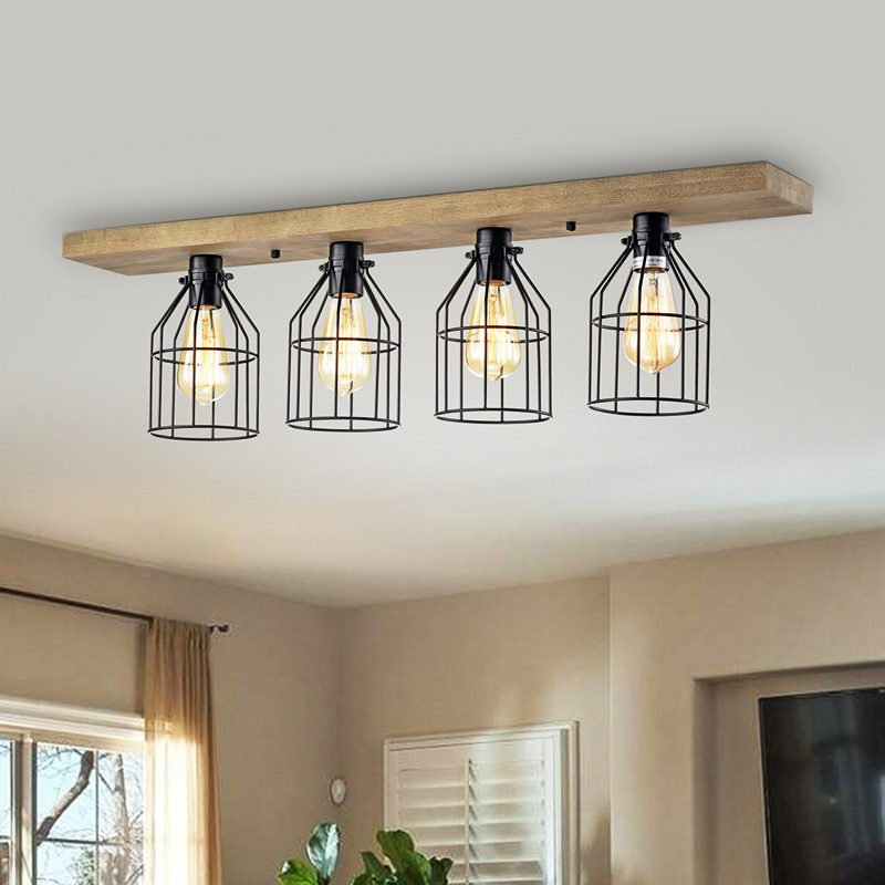 IM Lighting 4-light Matte black country wood me<x>tal natural indoor four head em<x>bedded decorative ceiling lamp